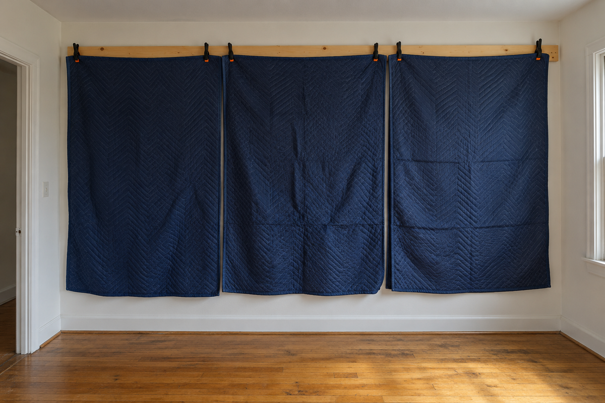 Navy quilted moving blankets hung from a wooden rail a few inches off a bedroom wall