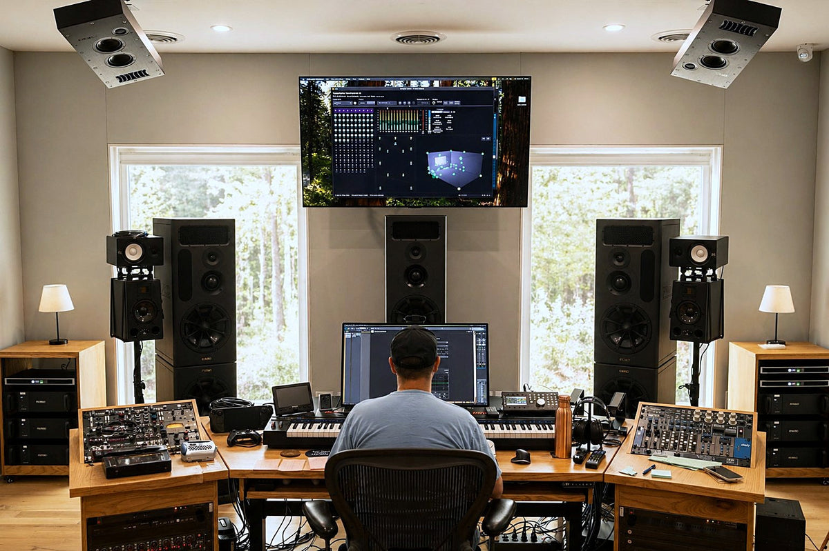 Mix position in a Dolby Atmos music room, with the front speakers, a screen and height speakers in the ceiling