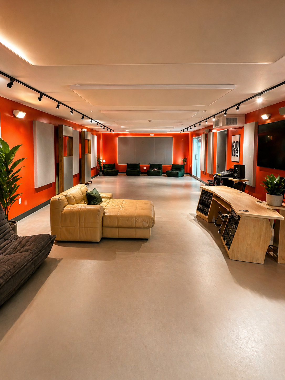 Long tracking room with orange walls, rows of ceiling clouds, fabric wall panels and a custom wood console desk