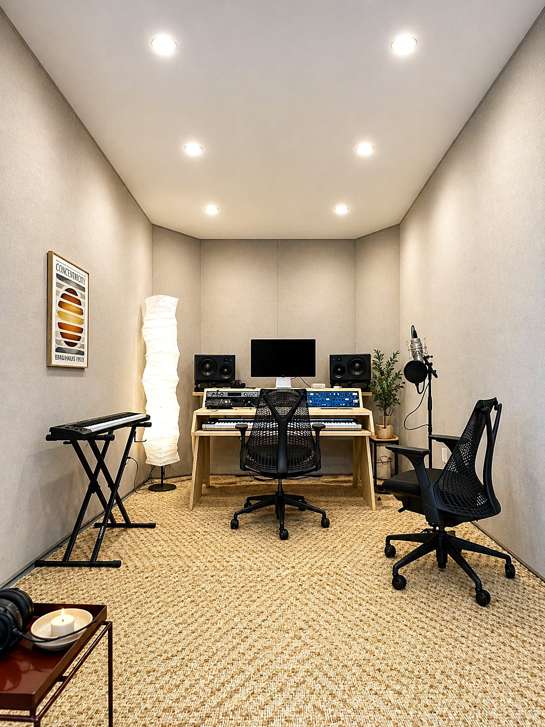 Small writing room with fabric-wrapped acoustic walls, a light wood desk, two task chairs and a woven rug