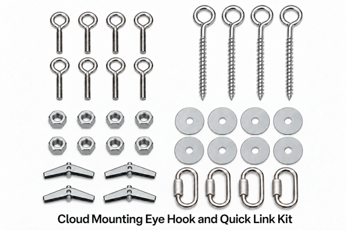 Cloud mounting kit: eye bolts, nuts, fender washers, toggle bolts, screw eye hooks and quick links