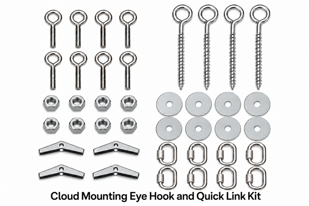 Cloud mounting hardware kit with eye bolts, quick links, screw eye hooks and toggle bolts