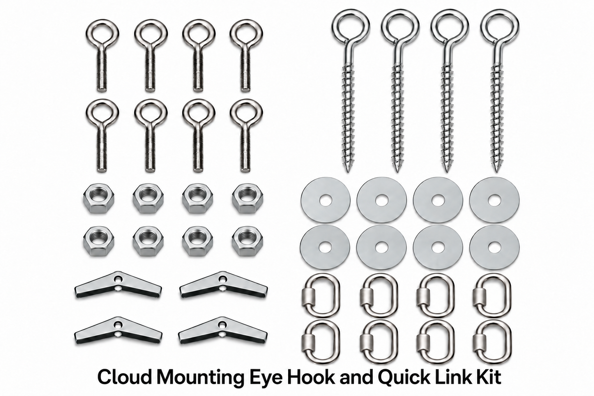 Cloud mounting hardware kit with eye bolts, quick links, screw eye hooks and toggle bolts