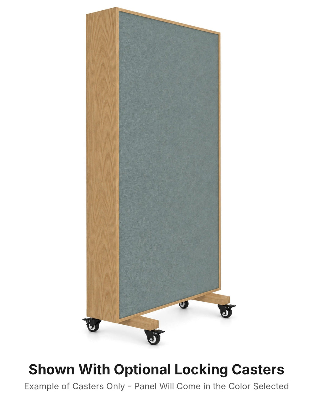 Example of the optional locking casters on a free standing gobo panel. Your panel comes in the frame finish and fabric color you select.