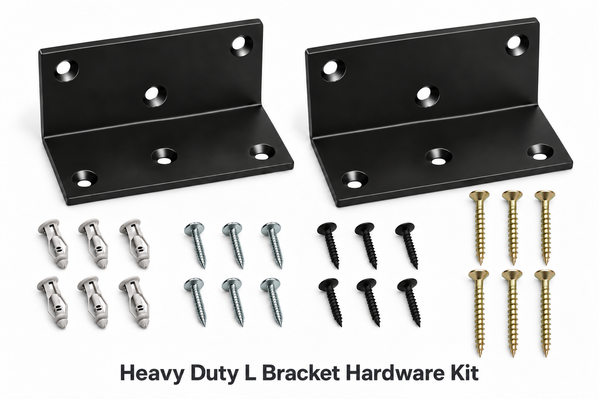 Heavy Duty L Bracket Kit: two black L brackets with panel screws, drywall anchors and construction screws