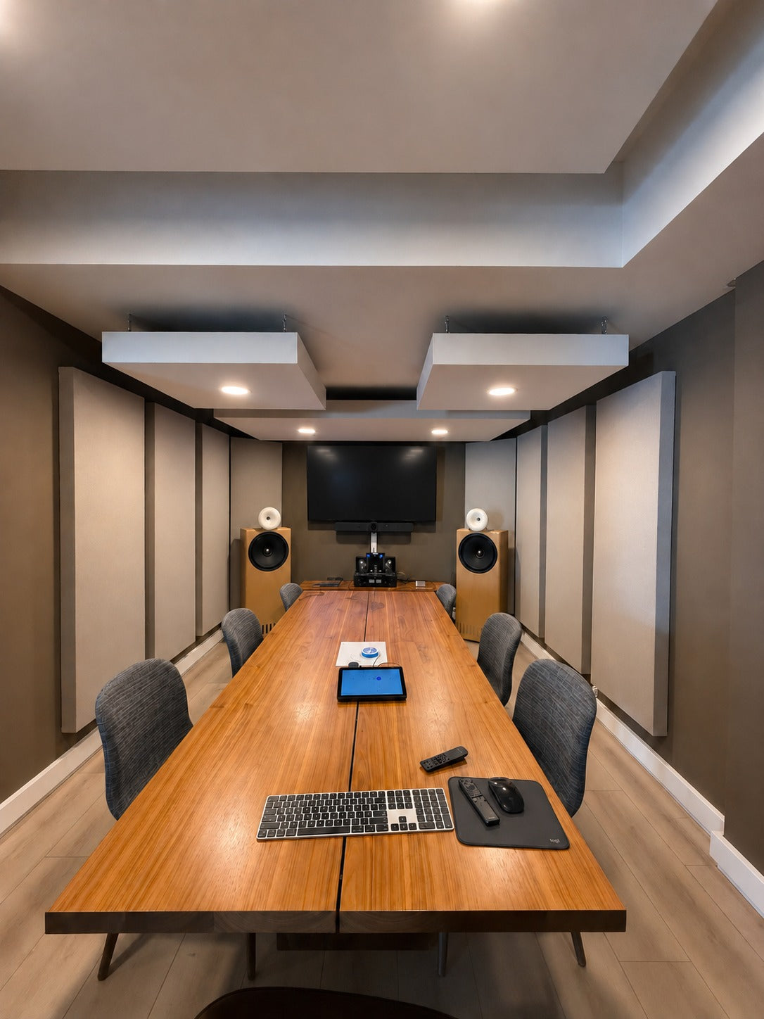 Conference room with suspended acoustic ceiling clouds and fabric-wrapped wall panels