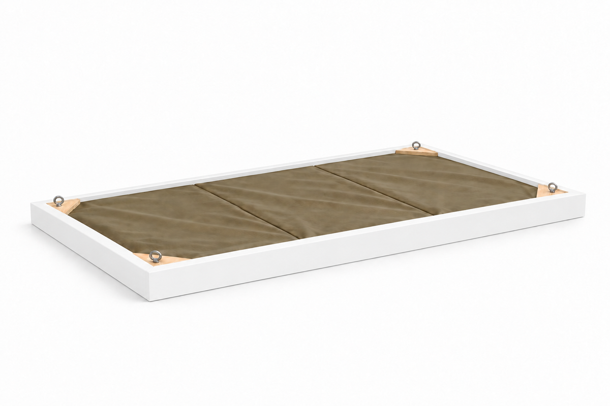 Painted pine wood framed Mid / High acoustic ceiling cloud, 3 x 6 ft, rear view: olive ripstop backing over three insulation boards, corner blocks and eye bolts