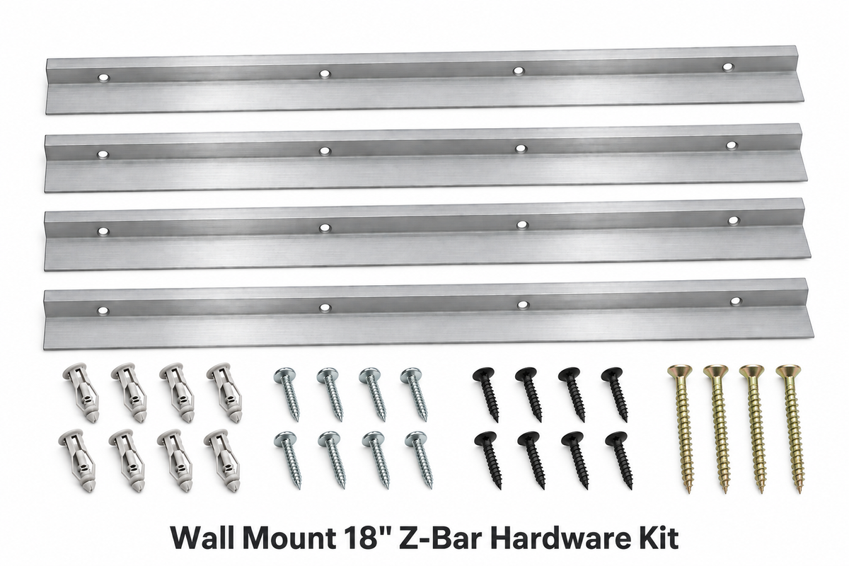 Wall mount Z-bar hardware kit: four 18 inch aluminum Z-bar cleats, drywall anchors, screws and wood screws for studs