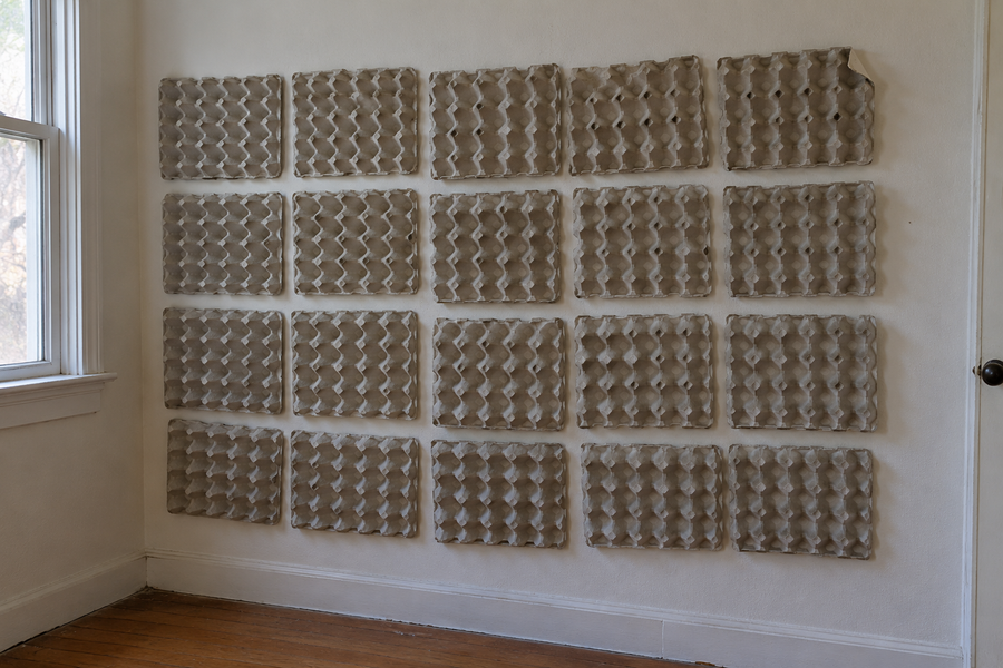 Rows of cardboard egg trays mounted on a bedroom wall as DIY sound treatment