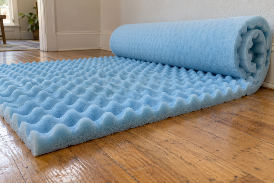 Blue egg crate foam mattress topper partly unrolled on a wood floor
