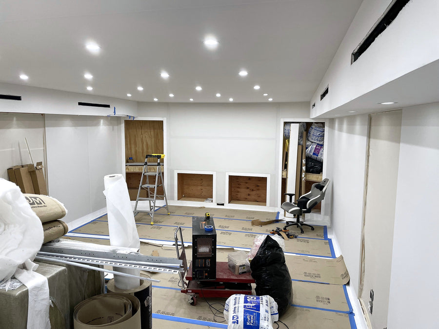 Calabasas control room after drywall, with the speaker openings in the front wall