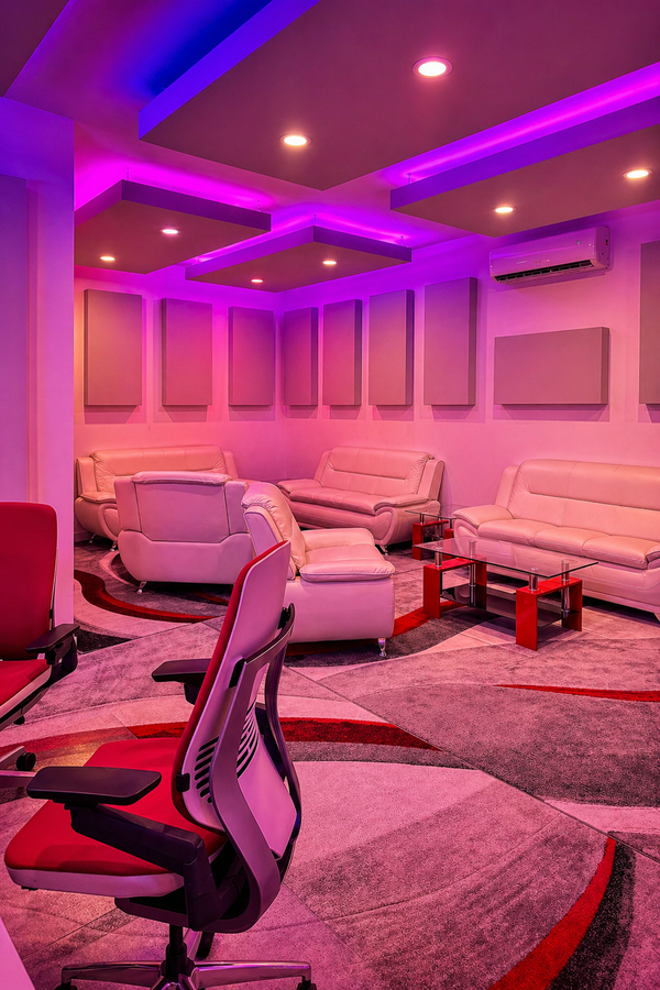 Acoustic ceiling clouds with Philips Hue LED uplight in a studio lounge