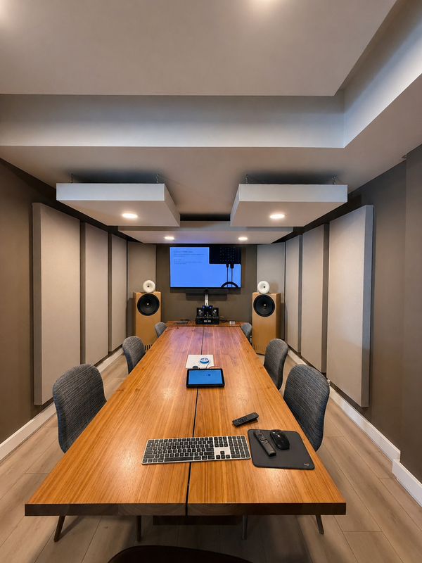 Acoustic ceiling clouds with recessed lights in a conference room
