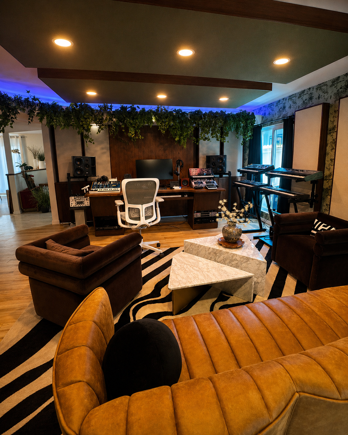 Writing room and lounge with a dropped soffit, blue LED cove lighting, trailing plants and fabric wall panels
